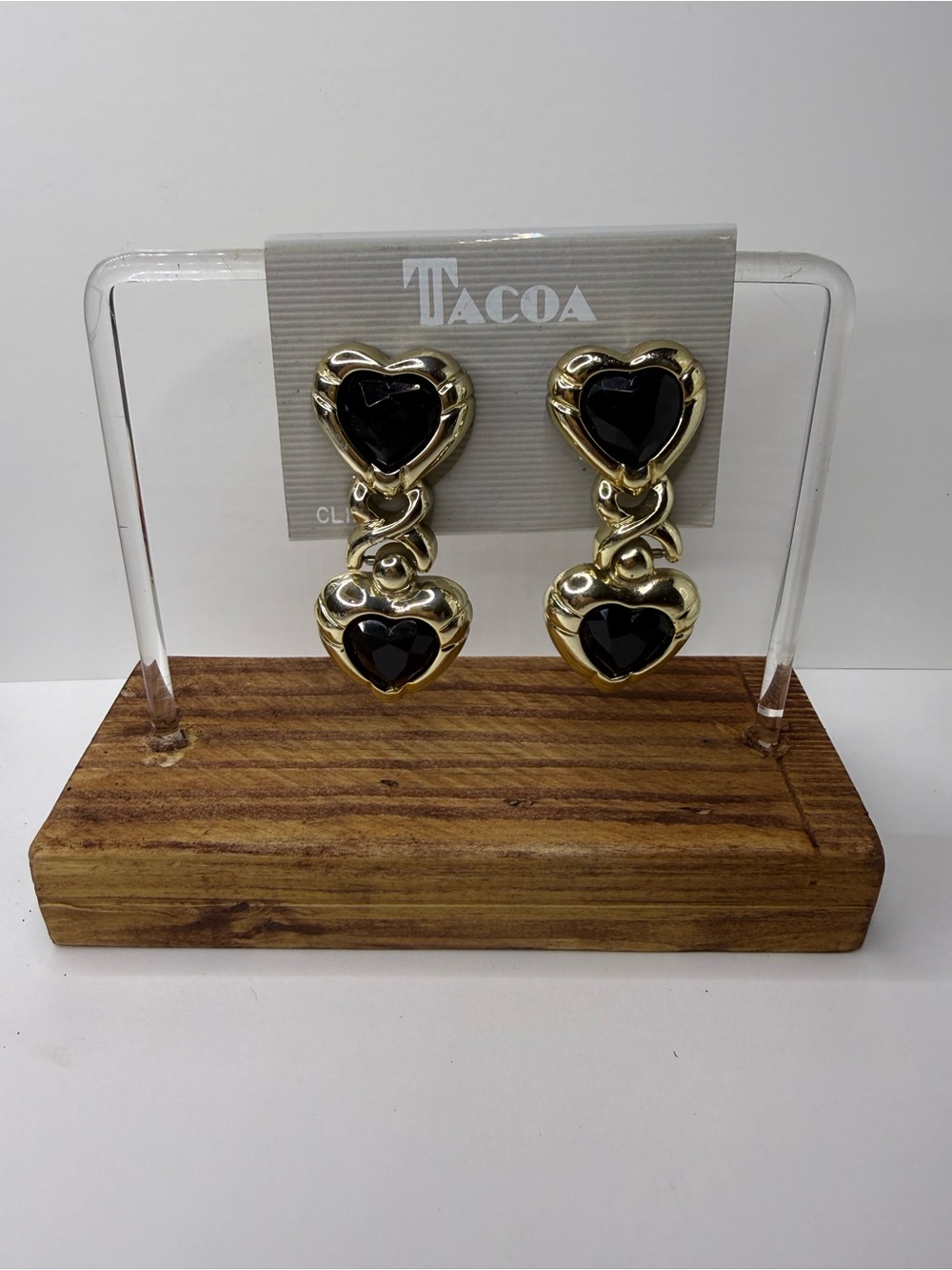 TACOA Gold-tone heart-shaped dangle earrings with black acrylic stones